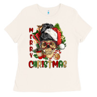 Bone Merry Christmas skeleton messy bun Ladies Tee - NancyCooperArtShop