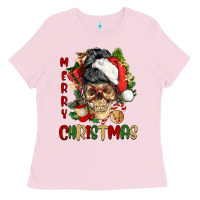 Merry Christmas Skeleton Messy Bun Ladies Tee | Teevron