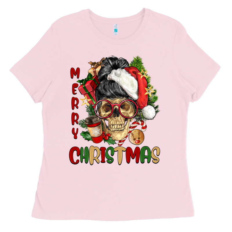 Merry Christmas Skeleton Messy Bun Ladies Tee by NancyCooperArtShop | Teevron