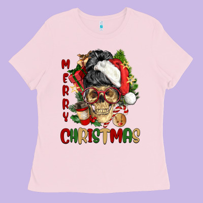 Merry Christmas Skeleton Messy Bun Ladies Tee Designed By Nancycooperartshop