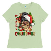 Matcha Merry Christmas skeleton messy bun Ladies Tee - NancyCooperArtShop