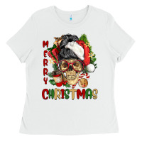 White Merry Christmas skeleton messy bun Ladies Tee - NancyCooperArtShop