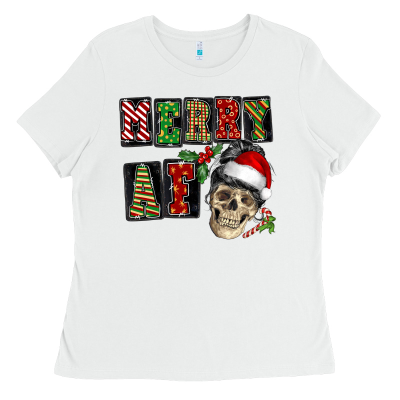 Merry Af Skeleton Messy Bun Ladies Tee by NancyCooperArtShop | Teevron