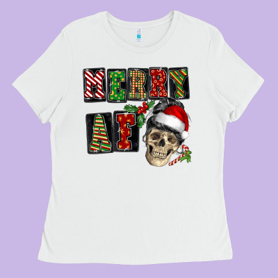 Merry Af Skeleton Messy Bun Ladies Tee Designed By Nancycooperartshop