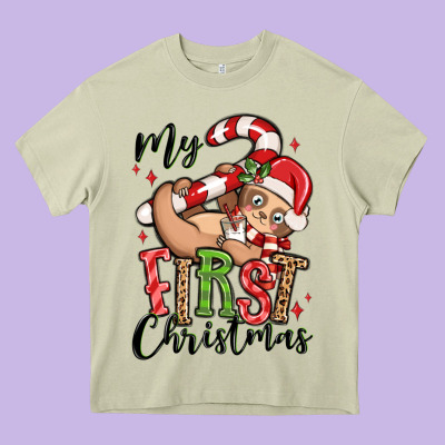My First Christmas Cute Christmas Sloth Heavy Core Tee Designed By Maliassmallbusiness