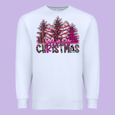 Merry Christmas Pink  Trees Premium Sweatshirt Designed By Cowhidedigitalart