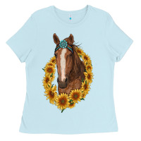 Baby Blue brown horse with gemstone and sunflowers Ladies Tee - RanaPortraitStore