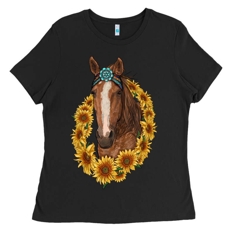 Brown Horse With Gemstone And Sunflowers Ladies Tee by RanaPortraitStore | Teevron