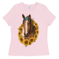 Bubblegum Pink brown horse with gemstone and sunflowers Ladies Tee - RanaPortraitStore