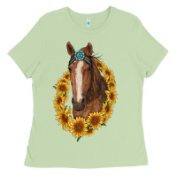 Matcha brown horse with gemstone and sunflowers Ladies Tee - RanaPortraitStore
