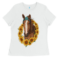 White brown horse with gemstone and sunflowers Ladies Tee - RanaPortraitStore