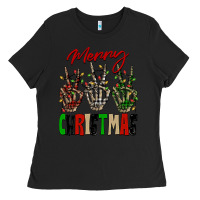Black Merry Christmas skeleton hands Ladies Tee - NancyCooperArtShop