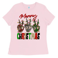 Bubblegum Pink Merry Christmas skeleton hands Ladies Tee - NancyCooperArtShop