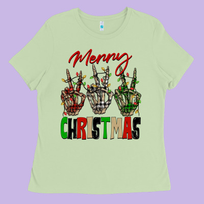 Merry Christmas Skeleton Hands Ladies Tee Designed By Nancycooperartshop