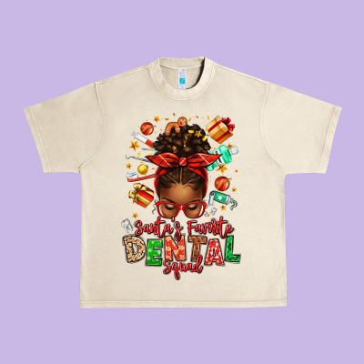 Santa's Favorite Dental Squad Afro Messy Bun Urban Heavy Tee Designed By Texasbilliewilder