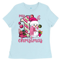 Baby Blue My 1st. pink Christmas with cute snowman Ladies Tee - NancyCooperArtShop