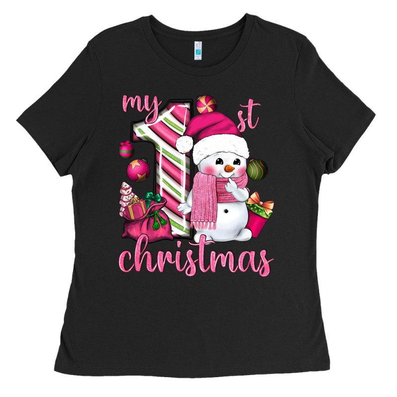 My 1st. Pink Christmas With Cute Snowman Ladies Tee by NancyCooperArtShop | Teevron