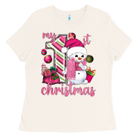 Bone My 1st. pink Christmas with cute snowman Ladies Tee - NancyCooperArtShop