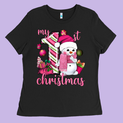 My 1st. Pink Christmas With Cute Snowman Ladies Tee Designed By Nancycooperartshop