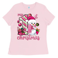 Bubblegum Pink My 1st. pink Christmas with cute snowman Ladies Tee - NancyCooperArtShop