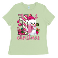 Matcha My 1st. pink Christmas with cute snowman Ladies Tee - NancyCooperArtShop