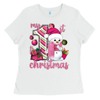 White My 1st. pink Christmas with cute snowman Ladies Tee - NancyCooperArtShop