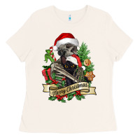 Bone Merry Christmas skeleton with black cat Ladies Tee - NancyCooperArtShop