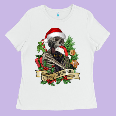 Merry Christmas Skeleton With Black Cat Ladies Tee Designed By Nancycooperartshop
