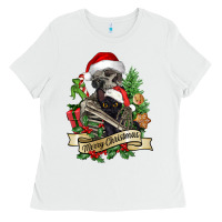 White Merry Christmas skeleton with black cat Ladies Tee - NancyCooperArtShop
