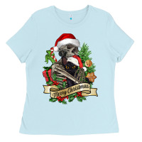 Baby Blue Merry Christmas skeleton with black cat Ladies Tee - NancyCooperArtShop