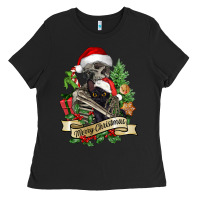 Black Merry Christmas skeleton with black cat Ladies Tee - NancyCooperArtShop