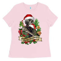 Bubblegum Pink Merry Christmas skeleton with black cat Ladies Tee - NancyCooperArtShop
