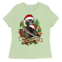 Matcha Merry Christmas skeleton with black cat Ladies Tee - NancyCooperArtShop