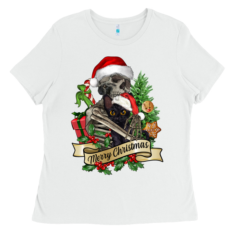 Merry Christmas Skeleton With Black Cat Ladies Tee by NancyCooperArtShop | Teevron
