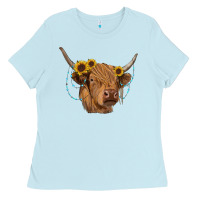 Baby Blue highland cow with sunflowers turquoise Ladies Tee - RanaPortraitStore