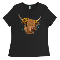Black highland cow with sunflowers turquoise Ladies Tee - RanaPortraitStore