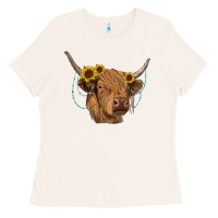 Bone highland cow with sunflowers turquoise Ladies Tee - RanaPortraitStore