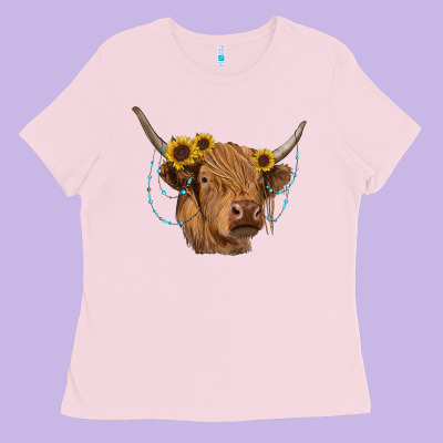Highland Cow With Sunflowers Turquoise Ladies Tee Designed By Ranaportraitstore
