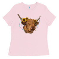 Bubblegum Pink highland cow with sunflowers turquoise Ladies Tee - RanaPortraitStore