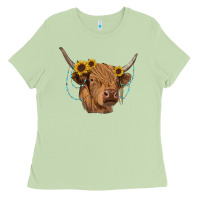 Matcha highland cow with sunflowers turquoise Ladies Tee - RanaPortraitStore