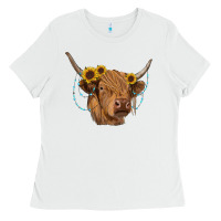 White highland cow with sunflowers turquoise Ladies Tee - RanaPortraitStore