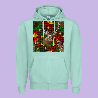 Christmas Deer And Bell Seamless Pattern Zipper Hoodie Designed By Bundleandbundleshop