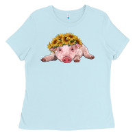 Baby Blue baby pig with sunflower headband Ladies Tee - RanaPortraitStore