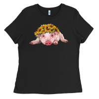 Black baby pig with sunflower headband Ladies Tee - RanaPortraitStore
