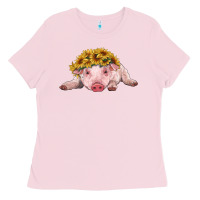 Bubblegum Pink baby pig with sunflower headband Ladies Tee - RanaPortraitStore