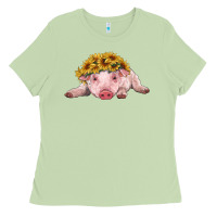 Matcha baby pig with sunflower headband Ladies Tee - RanaPortraitStore