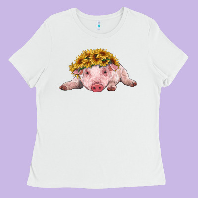 Baby Pig With Sunflower Headband Ladies Tee Designed By Ranaportraitstore