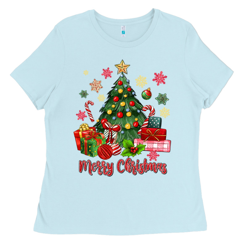 Merry Christmas Tree With Gift Box Ladies Tee by MaliasSmallBusiness | Teevron