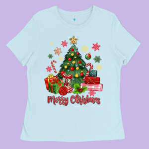 Merry Christmas Tree With Gift Box Ladies Tee Designed By Maliassmallbusiness