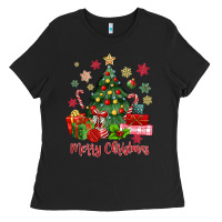Black merry christmas tree with gift box Ladies Tee - MaliasSmallBusiness